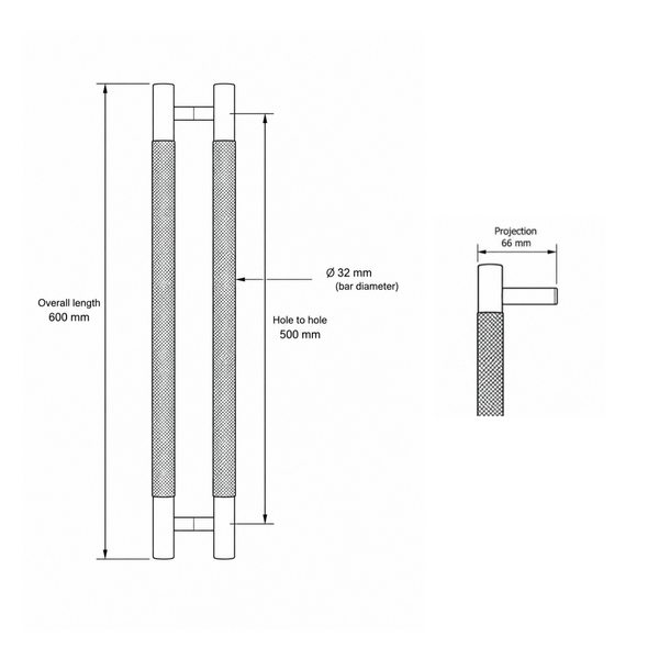Entrance pull handles KNURLED or LINEAR/STRIPE/REEDED- 600mm